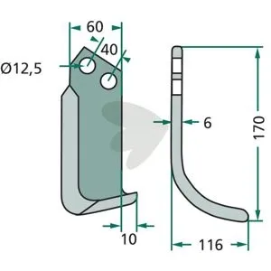 Rotary Tiller Blade Left Maschio etc. c-c 40mm hole 12.5mm