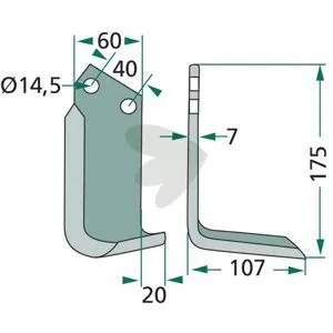Rotavator Knife Left Maletti et al. c-c 40mm hole 14.5mm