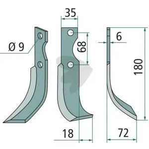 Rotavator Knife Left Grillo (Pinza) c-c 68mm hole 9mm