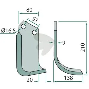 Rotavator Knife Left Howard etc. c-c 51mm hole 16.5mm