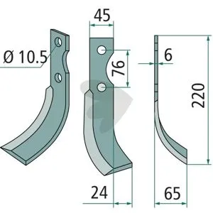 Rotavator Knife Left Grillo (Pinza) c-c 76mm hole 10.5mm
