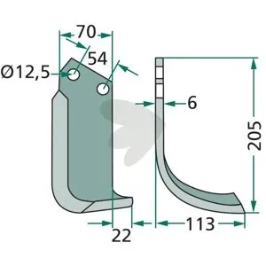 Rotary Tiller Knife Left Goldoni, Dondi c-c 54mm hole 12.5mm